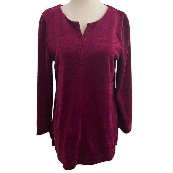 T by Talbots Velvet Velour Long Sleeve Top Notch Neckline Burgundy MP - Picture 1 of 7